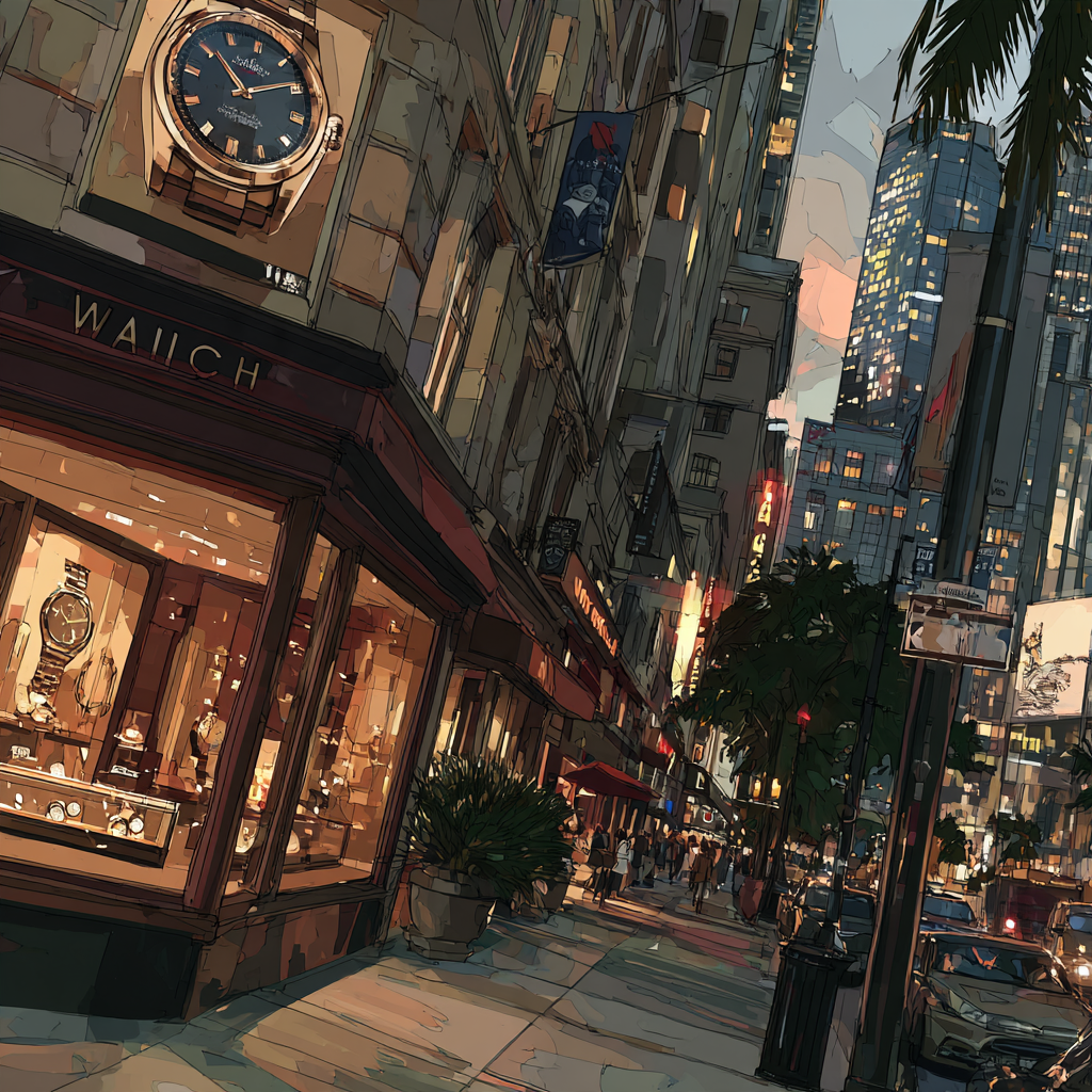 Watch shops along an international city street