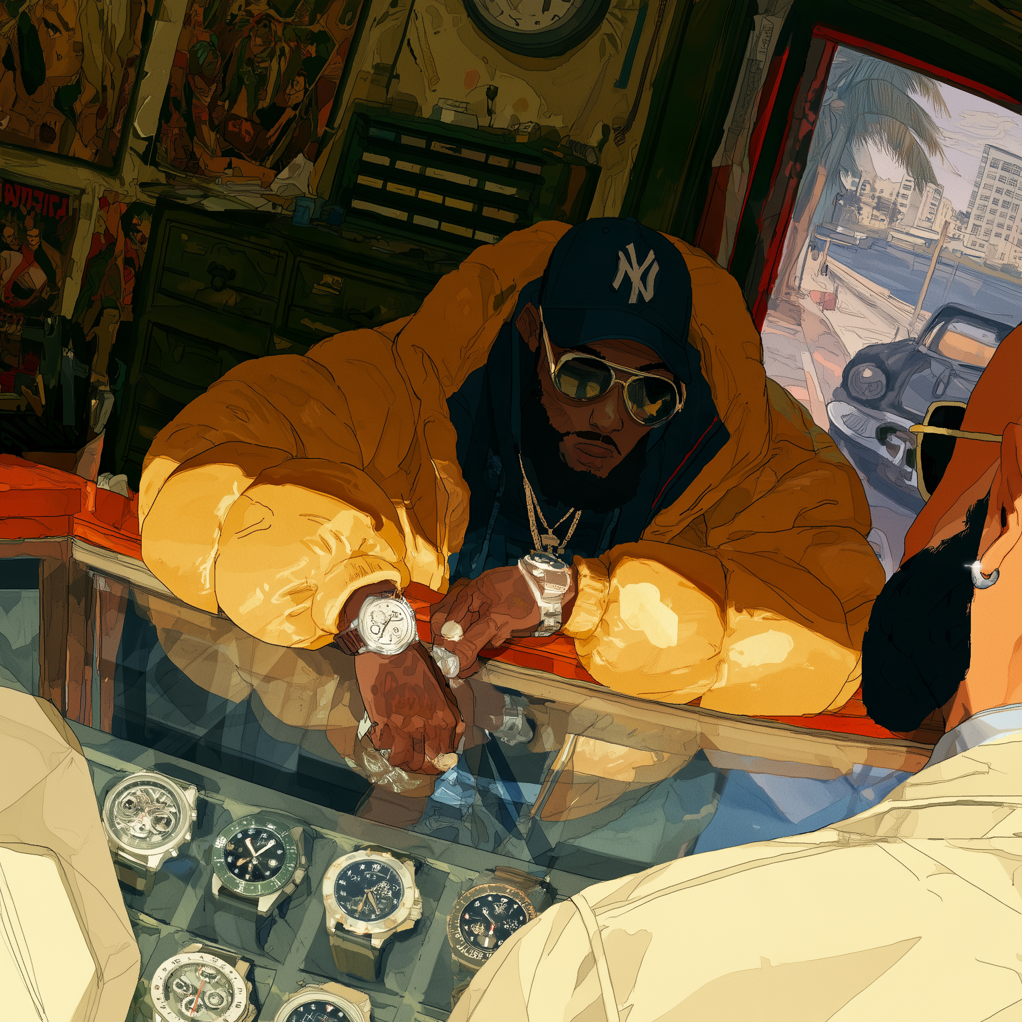 Illustrated watch dealer in a yellow jacket and Yankees cap leaning across a watch-shop counter